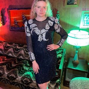 Stunning Vintage Silk Beaded Sequined Midnight Blue SCALA  Short Gown - Medium